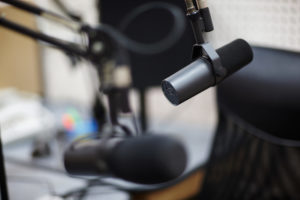 microphones and headphones for radio presenters in the radio room